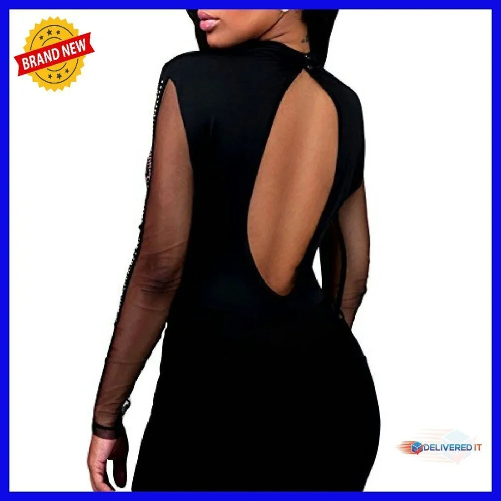 Sheer Mesh Turtleneck Bodysuit with Rhinestones, Snap Closure